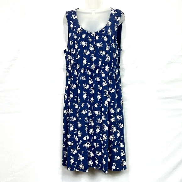 Lands' End | Dresses | Lands End Blue White Floral Dress Fit Flare Stretch  Cotton Size L | Poshmark